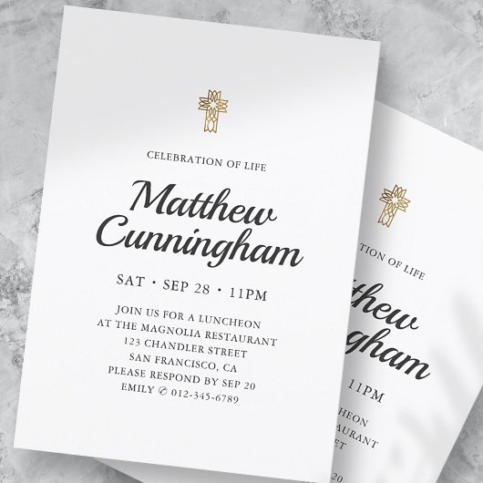 Invitation Célébration de la vie Simple Faux Gold Cross