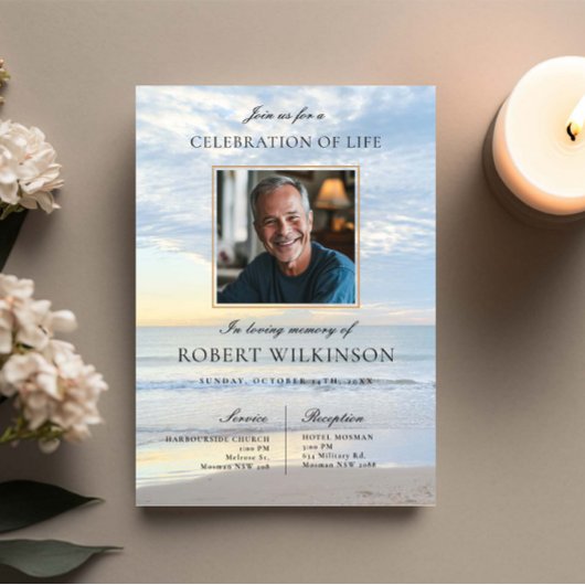 Invitation Célébration de la vie sur Sky Beach Photo funérair