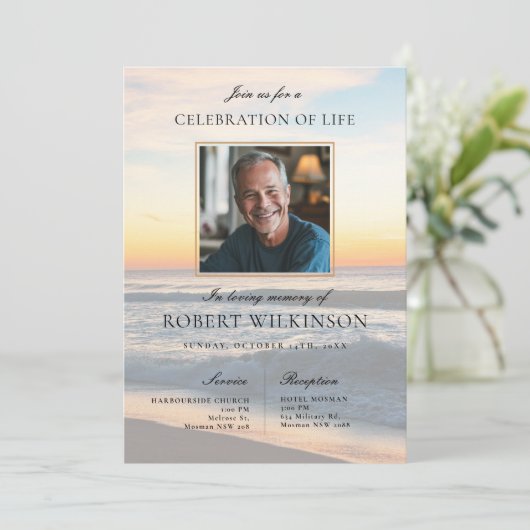 Invitation Célébration de la vie sur Sky Beach Photo funérair (Debout devant)