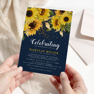 Invitation Célébration de la vie Tournesol rustique, marine e