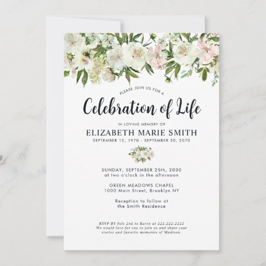 Invitation Célébration de la vie White Floral Funeral Memoria (Devant)