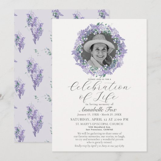 Invitation Célébration de la Wisteria de Life Funeral Memoria (Devant / Derrière)