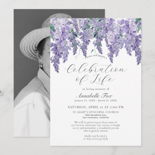 Invitation Célébration de la Wisteria de Life Funeral Memoria (Devant / Derrière)