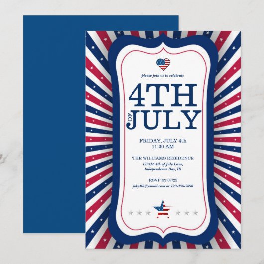 Invitation Célébration de l'Indépendance du 4 juillet Stars & (Devant / Derrière)