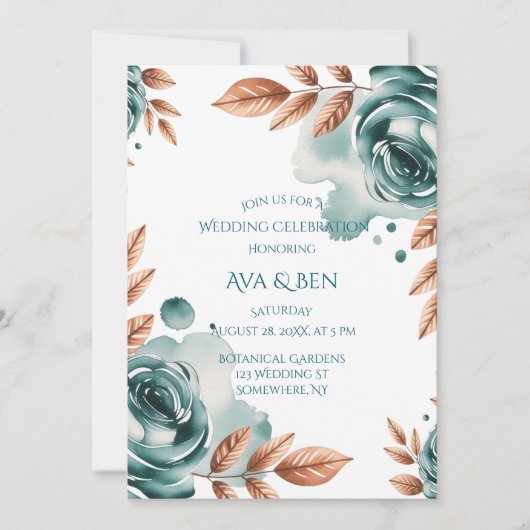 Invitation Célébration de mariage aux roses sarcelles et feui (Devant)