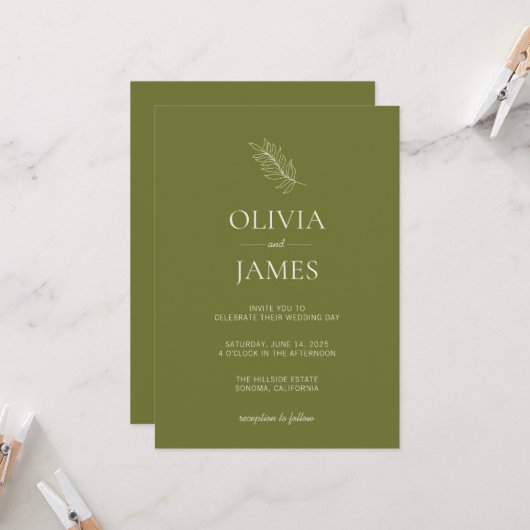 Invitation Célébration de mariage botanique vert olive (Devant/Arrière en situation)