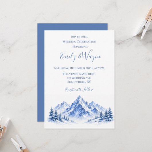 Invitation Célébration de mariage dans les montagnes enneigée (Devant/Arrière en situation)
