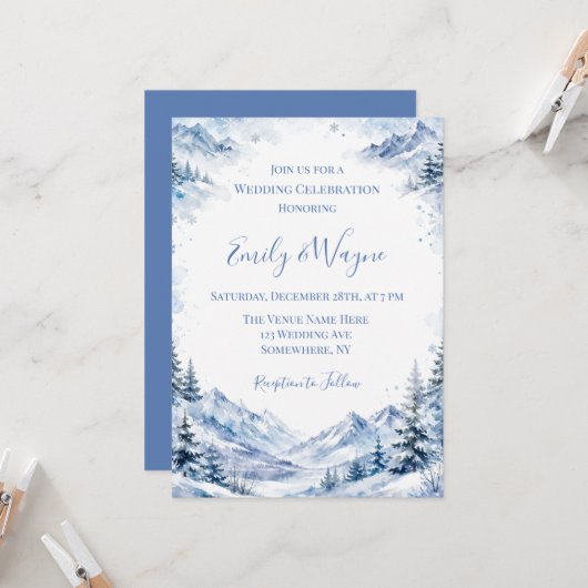 Invitation Célébration de mariage dans les montagnes enneigée (Devant/Arrière en situation)