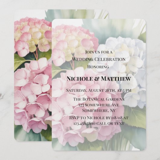 Invitation Célébration de mariage élégante aux hortensias à l (Devant / Derrière)