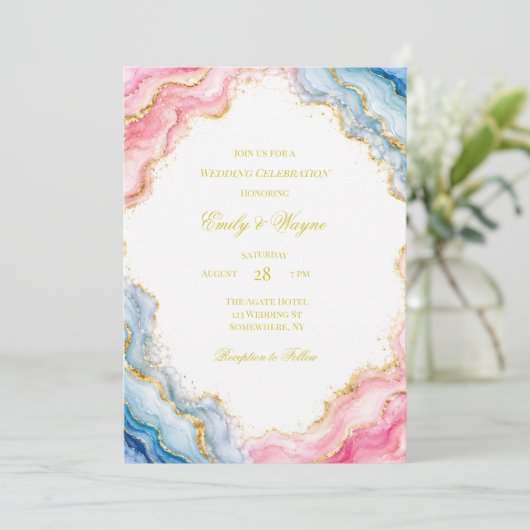 Invitation Célébration de mariage en agate rose bleu or (Debout devant)