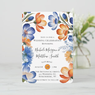 Invitation Célébration de mariage floral bleu cobalt et orang