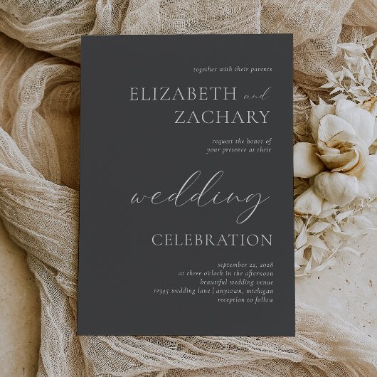 Invitation Célébration de mariage gris charbon blanc script