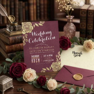 Invitation Célébration de mariage moderne or roses bordeaux r