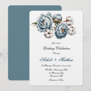 Invitation Célébration de mariage Pivoine et Coton Bleu Pouss