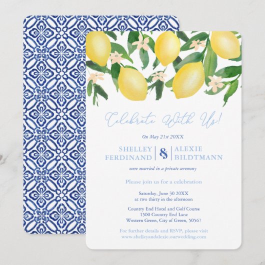 Invitation Célébration de mariage post Capri Lemons Blue Tile (Devant / Derrière)