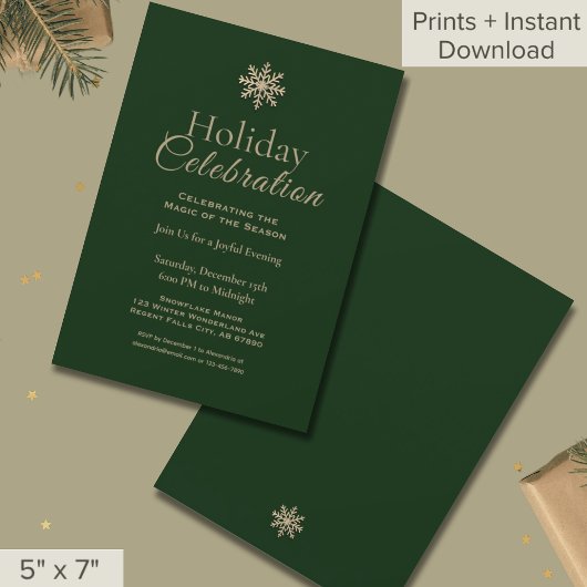 Invitation Célébration de Noël Green Gold Snowflake