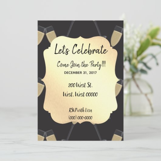 Invitation Célébration de Nouvel An élégante noire et or (Debout devant)