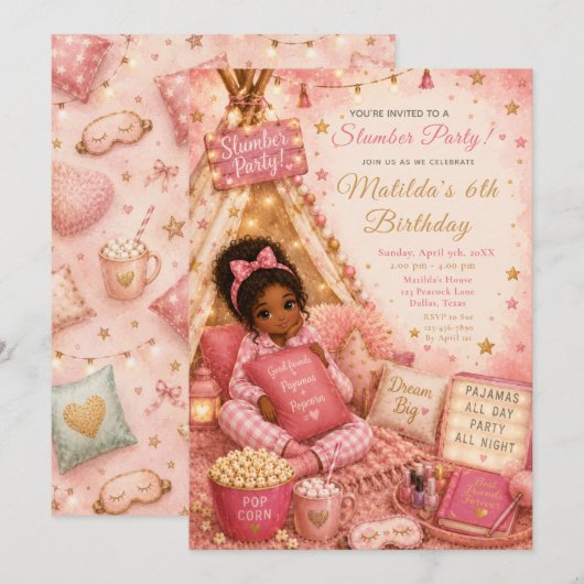 Invitation Célébration de pyjama party rose (Devant / Derrière)