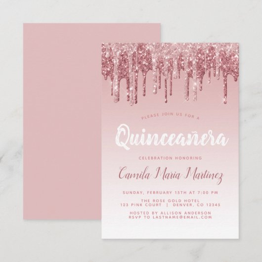 Invitation Célébration de Quinceanera à paillettes de rose do (Devant / Derrière)