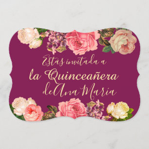 Invitation Célébration de Quinceanera Florale de Bourgogne