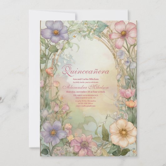 Invitation Célébration de Quinceanera Florale Rose (Devant)