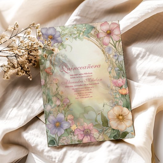 Invitation Célébration de Quinceanera Florale Rose