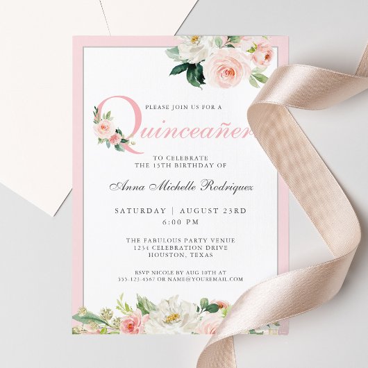 Invitation Célébration de Quinceanera Florale Rose