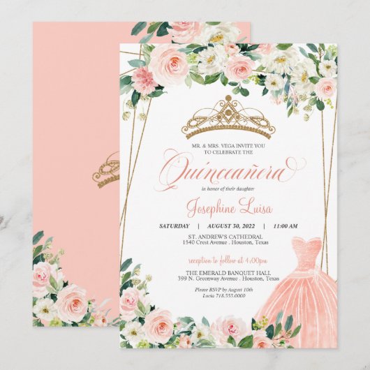 Invitation Célébration de Quinceañera florale rose et blanc (Devant / Derrière)