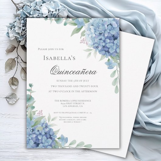 Invitation Célébration de Quinceañera Hydrangea Bleue 15