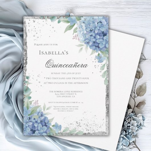 Invitation Célébration de Quinceañera Hydrangea Bleue 15