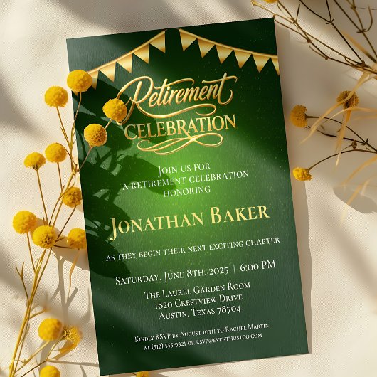 Invitation Célébration de retraite élégante avec bunting doré