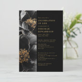 Invitation Célébration De Vie Florale Élégante Noire Et Dorée (Debout devant)