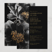 Invitation Célébration De Vie Florale Élégante Noire Et Dorée (Devant / Derrière)