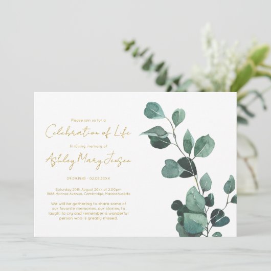 Invitation Célébration de vie simple au eucalyptus pour funér (Debout devant)
