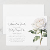 Invitation Célébration de vie simple rose blanche Funérailles (Devant / Derrière)