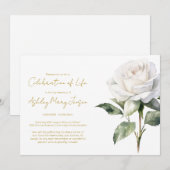 Invitation Célébration de vie simple rose blanche Funérailles (Devant / Derrière)