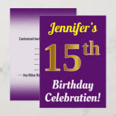 Invitation Célébration des 15 ans + nom, violet et or faux (Devant / Derrière)