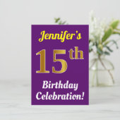 Invitation Célébration des 15 ans + nom, violet et or faux (Debout devant)