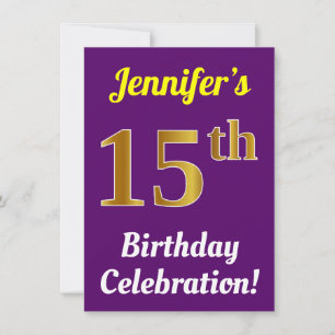 Invitation Célébration des 15 ans + nom, violet et or faux