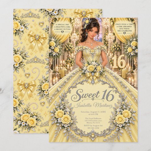 Invitation Célébration des 16 ans douce jaune (Devant / Derrière)