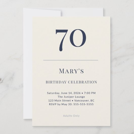 Invitation Célébration des 70 ans Classic Navy & Cream (Devant)
