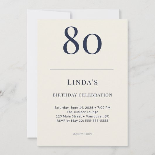 Invitation Célébration des 80 ans Classic Navy & Cream (Devant)
