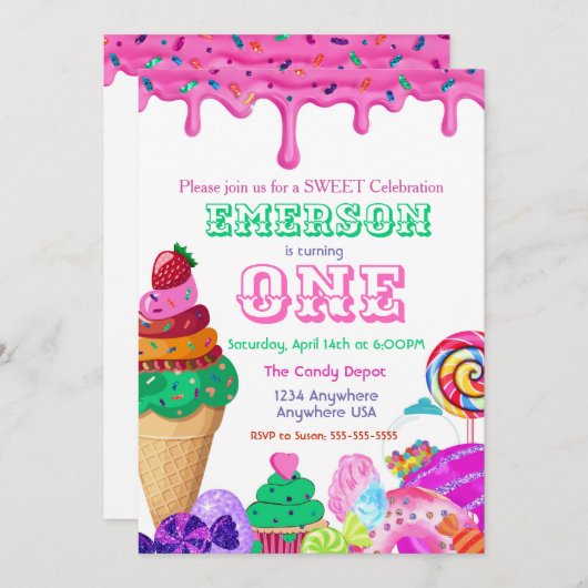 Invitation Célébration douce, Candyland, Candy Sweets donut (Devant / Derrière)