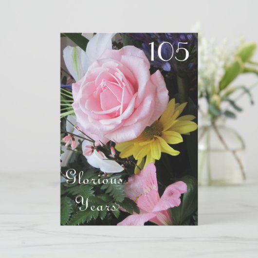 Invitation Célébration du 105e anniversaire !-Bouquet rose ro (Debout devant)