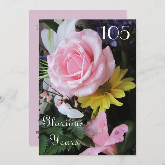 Invitation Célébration du 105e anniversaire !-Bouquet rose ro (Devant / Derrière)