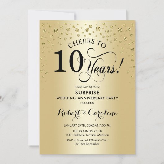 Invitation Célébration du 10e anniversaire Surprise - Noir Or (Devant)