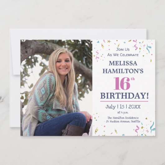 Invitation Célébration du 16e anniversaire avec photo (Devant)