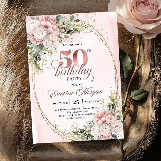 Invitation Célébration du 50e anniversaire avec des fleurs ro
