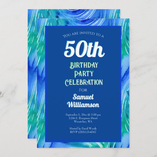 Invitation Célébration du 50e anniversaire bleu et vert (Devant / Derrière)