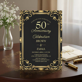 Invitation Célébration du 50e anniversaire en noir élégant et